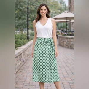 Boden Faux Wrap Midi Skirt Green Geometric Knot Waist Stretch 6P Petite
